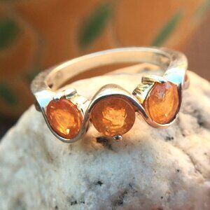 Spessartite Garnet .925 Trilogy Ring Natural Orange Gemstones Sterling Silver